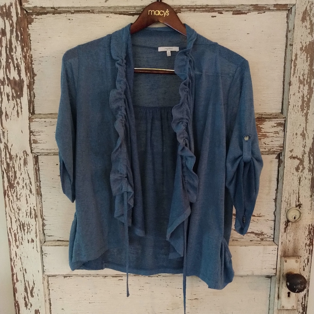 Blue cardigan with ruffles on collar